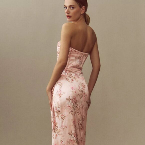 NWT V. Chapman June Printed Corset Front-Slit Satin Gown - Picture 2 of 10